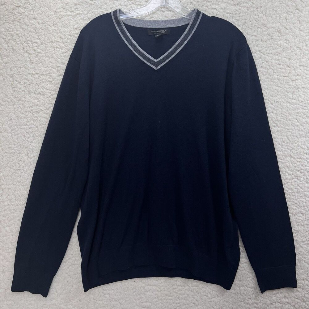 Banana Republic Luxury Blend V-Neck Sweater L Silk Cotton Cashmere Navy Blue